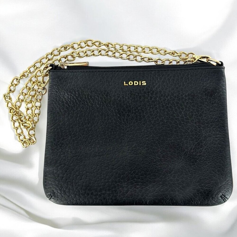 Lodis Black Pebbled Leather Gold Chain Small Shoulder Bag Handbag